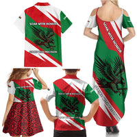 Oman Family Matching Summer Maxi Dress and Hawaiian Shirt with National Flag Colors and Falcon Soaring Graphic Design