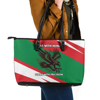 Oman Leather Tote Bag with National Flag Colors and Falcon Soaring Graphic Design