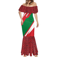Oman Mermaid Dress with National Flag Colors and Falcon Soaring Graphic Design