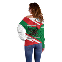 Oman Off Shoulder Sweater with National Flag Colors and Falcon Soaring Graphic Design