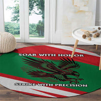 Oman Round Carpet with National Flag Colors and Falcon Soaring Graphic Design