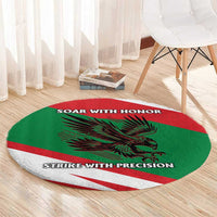 Oman Round Carpet with National Flag Colors and Falcon Soaring Graphic Design