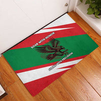 Oman Rubber Doormat with National Flag Colors and Falcon Soaring Graphic Design