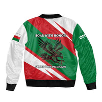 Oman Sleeve Zip Bomber Jacket with National Flag Colors and Falcon Soaring Graphic Design