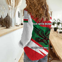 Oman Women Casual Shirt with National Flag Colors and Falcon Soaring Graphic Design