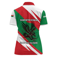 Oman Women Polo Shirt with National Flag Colors and Falcon Soaring Graphic Design