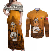 Oman Couples Matching Off Shoulder Maxi Dress and Long Sleeve Button Shirt with Traditional Camel Character and Desert Silhouette Design