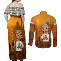 Oman Couples Matching Off Shoulder Maxi Dress and Long Sleeve Button Shirt with Traditional Camel Character and Desert Silhouette Design