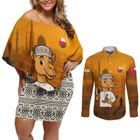 Oman Couples Matching Off Shoulder Short Dress and Long Sleeve Button Shirt with Traditional Camel Character and Desert Silhouette Design