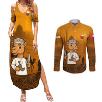 Oman Couples Matching Summer Maxi Dress and Long Sleeve Button Shirt with Traditional Camel Character and Desert Silhouette Design