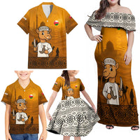 Oman Family Matching Off Shoulder Maxi Dress and Hawaiian Shirt with Traditional Camel Character and Desert Silhouette Design