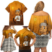 Oman Family Matching Off Shoulder Short Dress and Hawaiian Shirt with Traditional Camel Character and Desert Silhouette Design