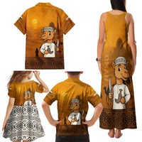 Oman Family Matching Tank Maxi Dress and Hawaiian Shirt with Traditional Camel Character and Desert Silhouette Design