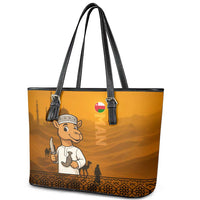 Oman Leather Tote Bag with Traditional Camel Character and Desert Silhouette Design