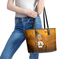 Oman Leather Tote Bag with Traditional Camel Character and Desert Silhouette Design