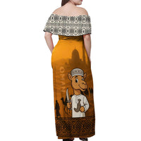 Oman Off Shoulder Maxi Dress with Traditional Camel Character and Desert Silhouette Design