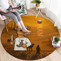 Oman Round Carpet with Traditional Camel Character and Desert Silhouette Design