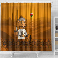 Oman Shower Curtain with Traditional Camel Character and Desert Silhouette Design