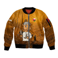 Oman Sleeve Zip Bomber Jacket with Traditional Camel Character and Desert Silhouette Design