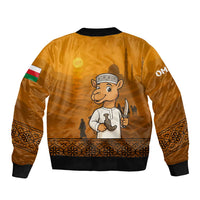 Oman Sleeve Zip Bomber Jacket with Traditional Camel Character and Desert Silhouette Design