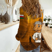 Oman Women Casual Shirt with Traditional Camel Character and Desert Silhouette Design