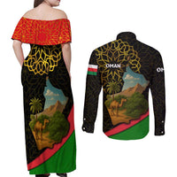 Oman Couples Matching Off Shoulder Maxi Dress and Long Sleeve Button Shirt with Camel Landscape and Geometric Pattern Design