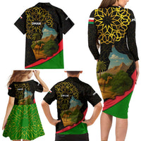 Oman Family Matching Long Sleeve Bodycon Dress and Hawaiian Shirt with Camel Landscape and Geometric Pattern Design