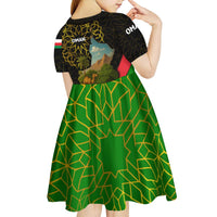 Oman Kid Short Sleeve Dress with Camel Landscape and Geometric Pattern Design