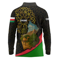Oman Long Sleeve Polo Shirt with Camel Landscape and Geometric Pattern Design