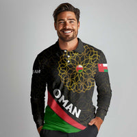 Oman Long Sleeve Polo Shirt with Camel Landscape and Geometric Pattern Design