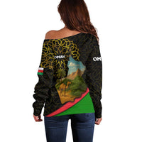 Oman Off Shoulder Sweater with Camel Landscape and Geometric Pattern Design