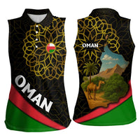 Oman Women Sleeveless Polo Shirt with Camel Landscape and Geometric Pattern Design