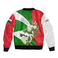 Oman Bomber Jacket with White Blossom Floral Design and National Flag Colors