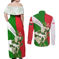 Oman Couples Matching Off Shoulder Maxi Dress and Long Sleeve Button Shirt with White Blossom Floral Design and National Flag Colors