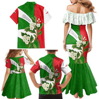 Oman Family Matching Mermaid Dress and Hawaiian Shirt with White Blossom Floral Design and National Flag Colors