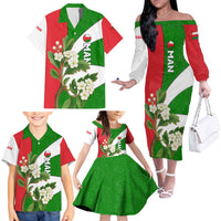 Oman Family Matching Off The Shoulder Long Sleeve Dress and Hawaiian Shirt with White Blossom Floral Design and National Flag Colors