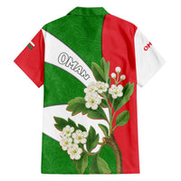 Oman Family Matching Off Shoulder Maxi Dress and Hawaiian Shirt with White Blossom Floral Design and National Flag Colors