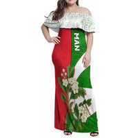 Oman Family Matching Off Shoulder Maxi Dress and Hawaiian Shirt with White Blossom Floral Design and National Flag Colors
