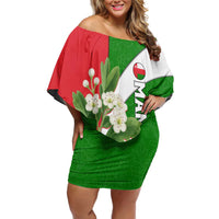 Oman Family Matching Off Shoulder Short Dress and Hawaiian Shirt with White Blossom Floral Design and National Flag Colors