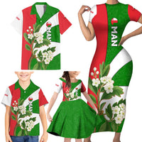 Oman Family Matching Short Sleeve Bodycon Dress and Hawaiian Shirt with White Blossom Floral Design and National Flag Colors