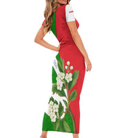 Oman Family Matching Short Sleeve Bodycon Dress and Hawaiian Shirt with White Blossom Floral Design and National Flag Colors