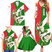 Oman Family Matching Summer Maxi Dress and Hawaiian Shirt with White Blossom Floral Design and National Flag Colors