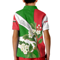 Oman Kid Polo Shirt with White Blossom Floral Design and National Flag Colors