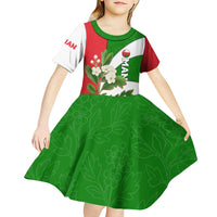 Oman Kid Short Sleeve Dress with White Blossom Floral Design and National Flag Colors