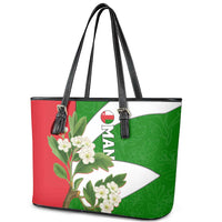 Oman Leather Tote Bag with White Blossom Floral Design and National Flag Colors