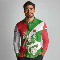 Oman Long Sleeve Polo Shirt with White Blossom Floral Design and National Flag Colors