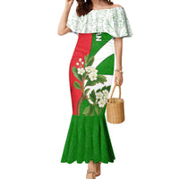 Oman Mermaid Dress with White Blossom Floral Design and National Flag Colors