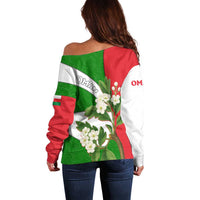 Oman Off Shoulder Sweater with White Blossom Floral Design and National Flag Colors