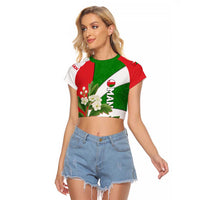 Oman Raglan Cropped T Shirt with White Blossom Floral Design and National Flag Colors