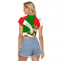 Oman Raglan Cropped T Shirt with White Blossom Floral Design and National Flag Colors